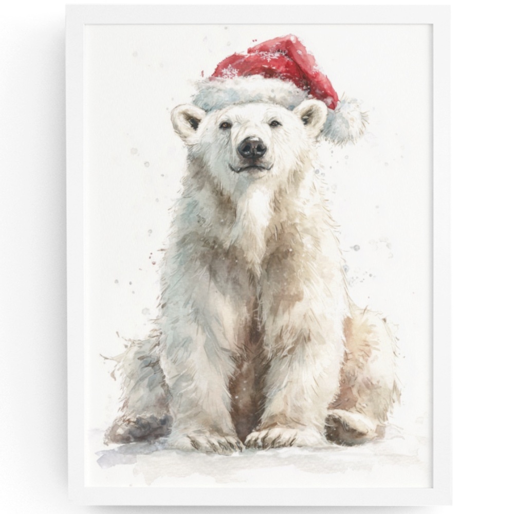 Watercolor Polar Bear with Red Scarf Portrait Wall Art Print Poster, Unframed